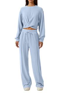 QINSEN Women 2 Piece Outfits Sweatsuit Set Twist Front Cropped Sweatshirt Wide Leg…