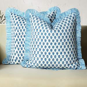 CPC Block Print Ruffle Throw Cover Apatite Blue 18"x18" Inch Pack of 2-100% Cotton Ruffle…