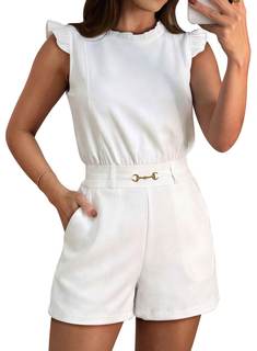 Pink Queen Sumemr Rompers for Women 2026 Ruffle Sleeve Crew Neck Short Jumpsuits Summer…