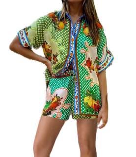 NUFIWI Vintage Graffiti 2 Pieces Shorts Sets for Women Floral Fruit Print Short Sleeve…