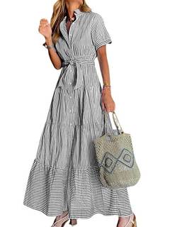 utcoco Womens Casual Short Sleeve Button Down Tie Waist Ruffled Striped Maxi Shirt Dress