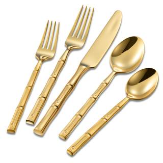 Flatware Set Gold Silverware Set with Bamboo Pattern Mirror Polished 20 Pieces Cutlery…