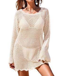 BreathSunny Women's Crochet Swimsuit Beach Cover Up Mini Dress | Long Sleeve, Mesh Knit…