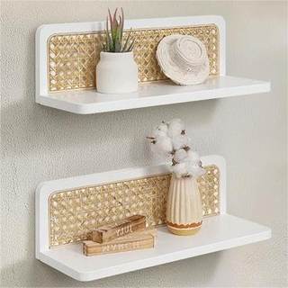 White Rattan Wall Shelf, Boho Floating Shelves, 16 Inch | Decorative Display for Plants…