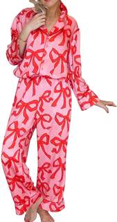 LILTWIST Valentines Silk Pajamas for Women Cute Satin Bow Heart Print Pjs 2 Piece Long…
