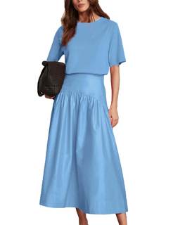 Bozanly Summer Two Piece Outfits Skirts Set for Women Crewneck Short Sleeve Tee and Midi…