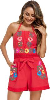 Rompers for Women Summer Boho Embroidered Floral Sleeveless Halter Flowy Casual Tank Top…