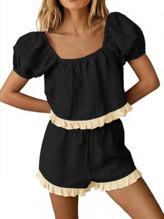 Tankaneo Womens Summer Short Sets Cute Puff Sleeve Square Neck 2 Piece Sets | Square Neck…