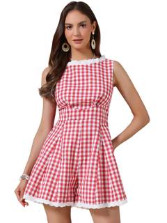 Allegra K Sleeveless Gingham Romper for Women's Checks Lace Trim Smocked Waist Short…