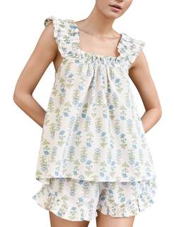 Kissonic Womens Ruffle Pajama Set Floral Cotton Pjs for Summer | Sleeveless, 2 Piece…