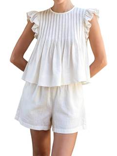 Womens 2 Piece Outfits Cotton Ruffle Sleeve Pintuck Top and Shorts