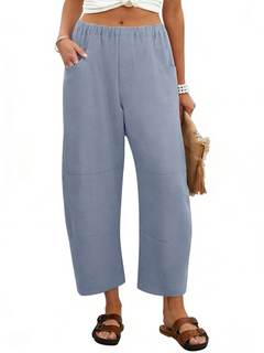 Lviefent Womens Wide Leg Barrel Pants Casual Elastic Waist Linen Cropped Harem Pants…