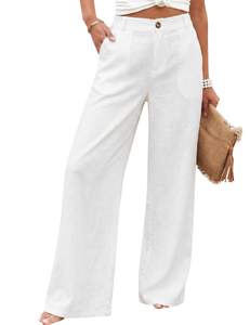Hooever Womens Cotton Linen Pants Casual Button Up High Waisted Wide Leg Trousers