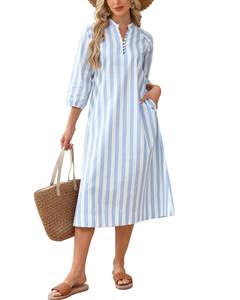 YEXPINE Women Summer Striped Button Down Long Maxi Dress Loose Fit 3/4 Sleeve Cotton…