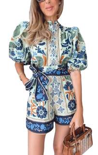 Wuitrie Boho Shorts Jumpsuit for Women Floral Print Puff Short Sleeve Romper with Pockets…