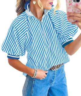 Womens Striped Half Zip Short Puff Sleeve Shirts | Loose Fit, Color Block, Knit Collared…