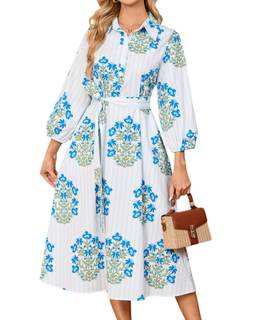 Womens Floral Midi Shirt Dress Summer Casual Button Down A-Line Dress 3/4 Puff Sleeve…