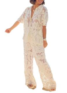 Vacation Outfits Button Down Lace Shirt with Wide Leg Pants Crochet Sets Two Piece Women…