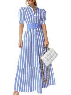 utcoco Womens Striped Button Down Shirt Dress Casual Puff Short Sleeve Ruffle Hem Maxi…