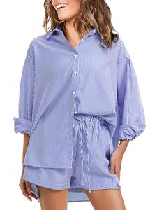 EXLURA Womens 2 Piece Sets Summer Cotton Long Sleeve Shirts Matching Shorts | Beach…