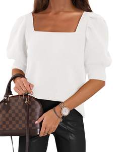 Womens Puff Short Sleeve Sweater Tops Square Neck Casual Knit Pullover | Dressy Casual…