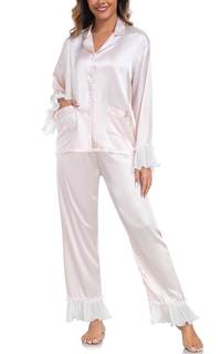 BestWendding Womens Silky Pajamas Ruffle Hem Long Sleeve Collar Shirt and Long Pants…