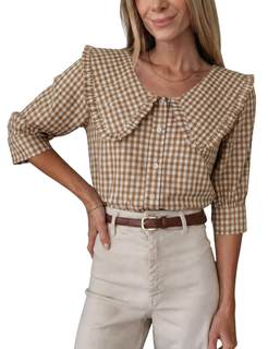 Daacee Women's Plaid Blouse Oversized Ruffle Collar V Neck Puff Sleeve Button Down Plaid…
