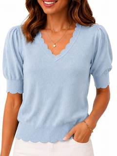 Short Sleeve Sweater for Women Pullover Knit Tops Scalloped V-Neck Puff Sleeve 2026 Light…