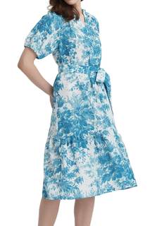 Women Summer Floral Midi Dress Puff Short Sleeve V Neck Button Belt Casual Flowy Maxi…
