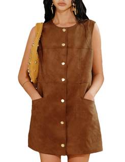 Bozanly Women's Vintage Suede Mini Pinafore Dress Crew Neck Button Down Fall Overall…