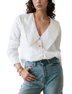 Daacee Women's Big Collar Cotton Linen Blouses Dressy Casual Long Sleeve V Neck Button…