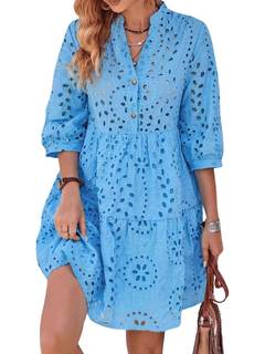 utcoco Women's 2025 Eyelet Lace Midi Dress V Neck Puff 3/4 Sleeve Button Tiered Sexy A…