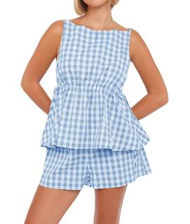 Women's Ginghams 2 Piece Outfits Sleeveless Plaid Drawstring Tie Top And Shorts Summer…