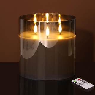 Eywamage Large 3 Wick Grey Glass Flameless Pillar Candle with Remote | 6x6 inch LED…