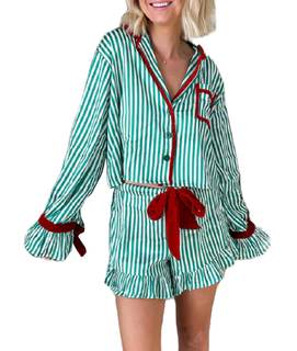 Seyurigaoka Christmas Pajamas Shorts Set for Women Y2k Cute Bow Tie Pjs Button Up…