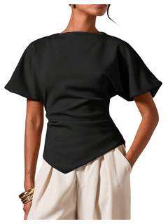 SHENHE Women's Short Sleeve Dolman Shirt Ruched Cinched Waist Asymmetrical Dressy Going…
