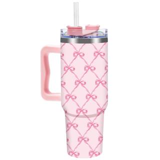 FYSUIMU Pink Bow Tumbler with Handle Straw and Lid 40 Oz Pink Ribbon Bow Stainless Steel…