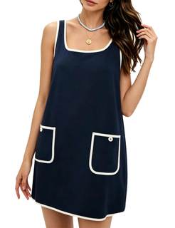 Women's Suede Mini Dress Sleeveless Beach Tank Dress with Pockets Contrast Trim Casual…