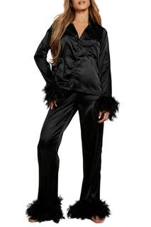 Women Feather Trim Holiday Pajama Set Satin Silk 2 Piece Cute Heart Bow Button Up Long…