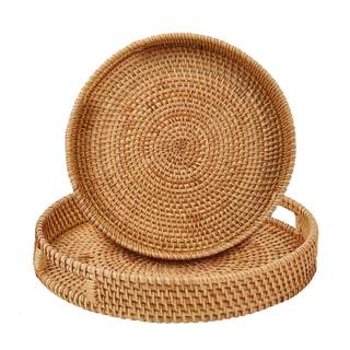 Round Rattan Serving Tray with Handles,2 Hand Woven Basket, Home Decor Organizer Tray for…