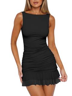 HOCILLE Women's Sexy Bodycon Boat Neck Mini Homecoming Party Dress | Summer Sleeveless…