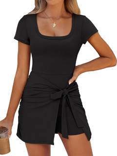 Caracilia Women Summer Short Sleeve Square Neck Bodycon Tie Cinched Waist Romper Mini…