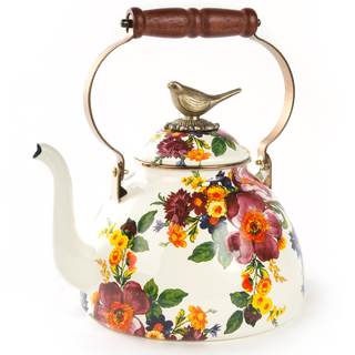 MACKENZIE-CHILDS Tea Kettle, 3 Quarts, White Flower Market with Bird Topper |…