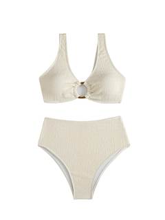SOLY HUX Women's 2 Piece Bikini Set Ring Linked High Waisted Textured Bathing Suit…
