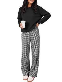 ANRABESS Two Piece Sets for Women Gingham Pants Lounge Set | Long Sleeve Sweatshirts Wide…