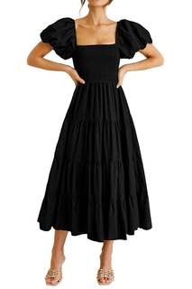PRETTYGARDEN Women's Smocked Midi Wedding Guest Dress | Puff Short Sleeve, Square Neck A…