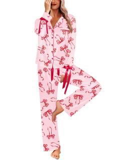 Ekouaer Women Classic Button Down Long Satin Pajamas Set Cute Bow Sleepwear | Silk…