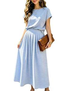 Zontroldy Casual 2 Piece Outfits Striped Cap Sleeve Skirt Sets for Women Medium Blue