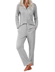 Ekouaer Womens Ribbed Knit Pajama Sets 2 Piece Lounge Set Long Sleeve Button Down Pjs…