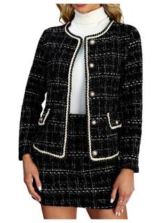 Women's 2 Piece Outfits Plaid Button Front Long Sleeve Tweed Jacket and Mini Skirt…